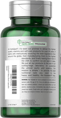 Transparent green supplement bottle showing gluten-free maca root capsules with silver cap and Non GMO Promise label