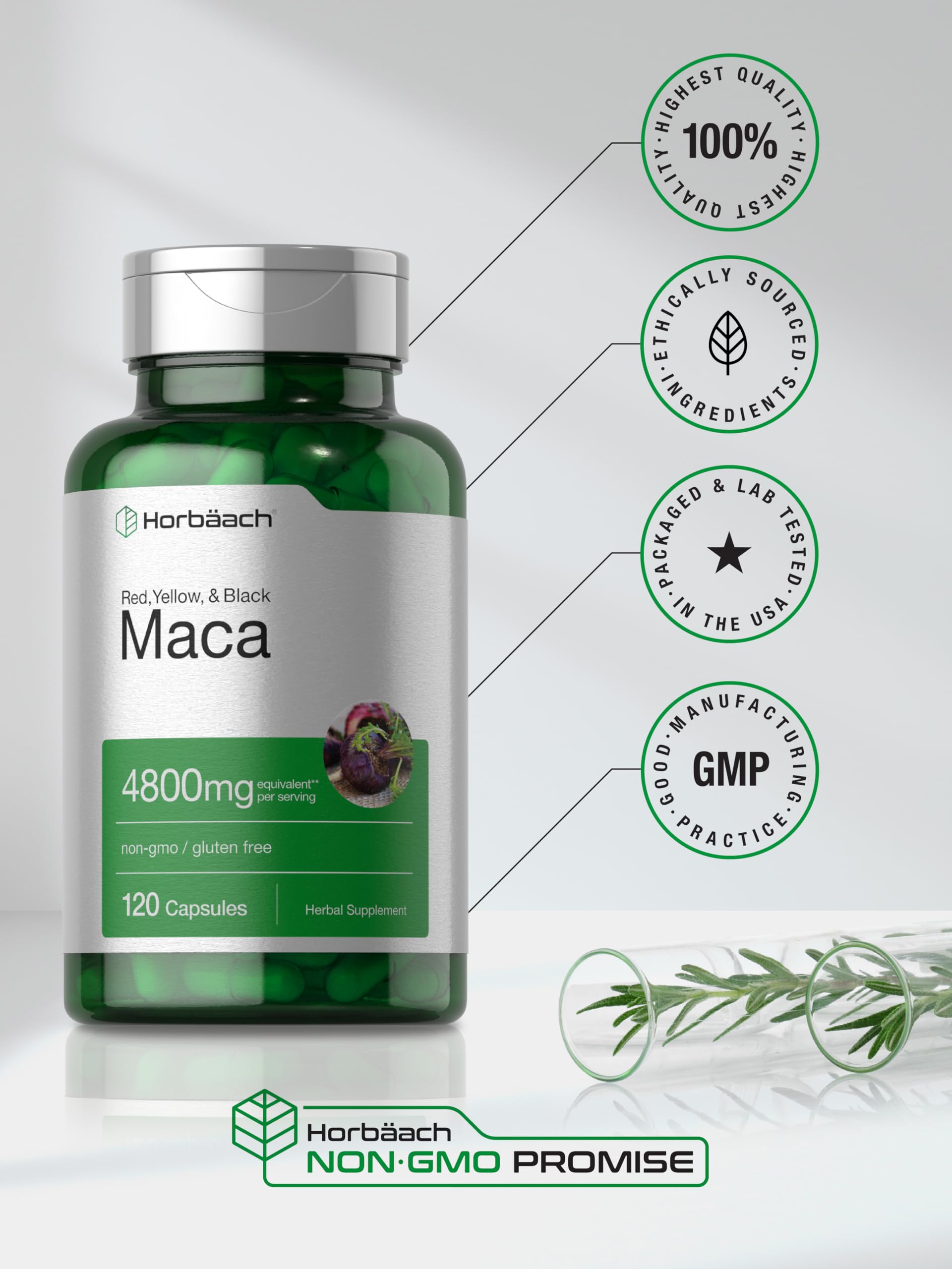 Horbaach gluten-free maca root capsules 4800mg bottle 120 capsules with non-GMO and GMP icons