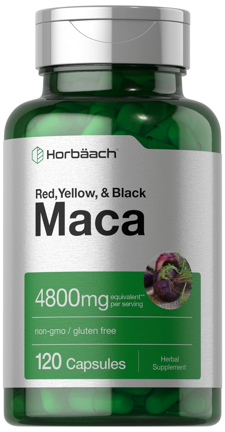 Horbaach bottle of gluten-free maca root capsules 4800 mg per serving 120 capsules green label