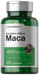 Horbaach bottle of gluten-free maca root capsules 4800 mg per serving 120 capsules green label