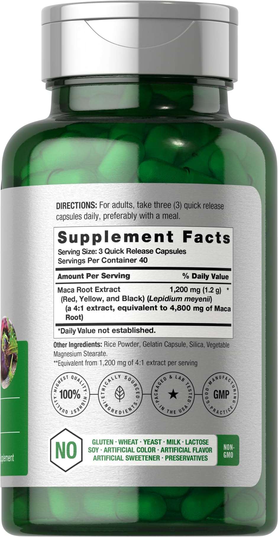 Green supplement bottle with silver cap showing supplement facts label and gluten-free maca root capsules inside