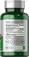 Green supplement bottle with silver cap showing supplement facts label and gluten-free maca root capsules inside