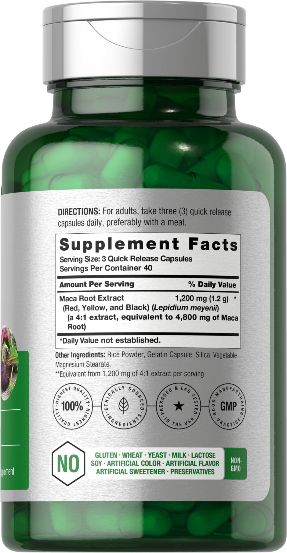 Green supplement bottle with silver cap showing supplement facts label and gluten-free maca root capsules inside
