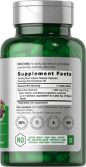 Green supplement bottle with silver cap showing supplement facts label and gluten-free maca root capsules inside