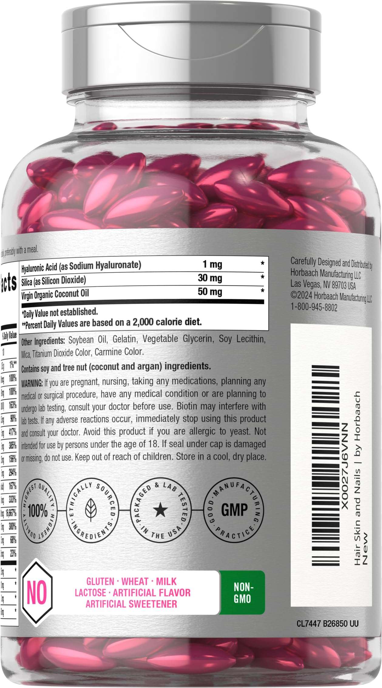 Clear jar of pink softgel hair skin and nails vitamins with biotin capsules with supplement label