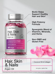 Horbaach bottle of hair skin and nails vitamins with biotin pink softgels argan oil collagen 300 count