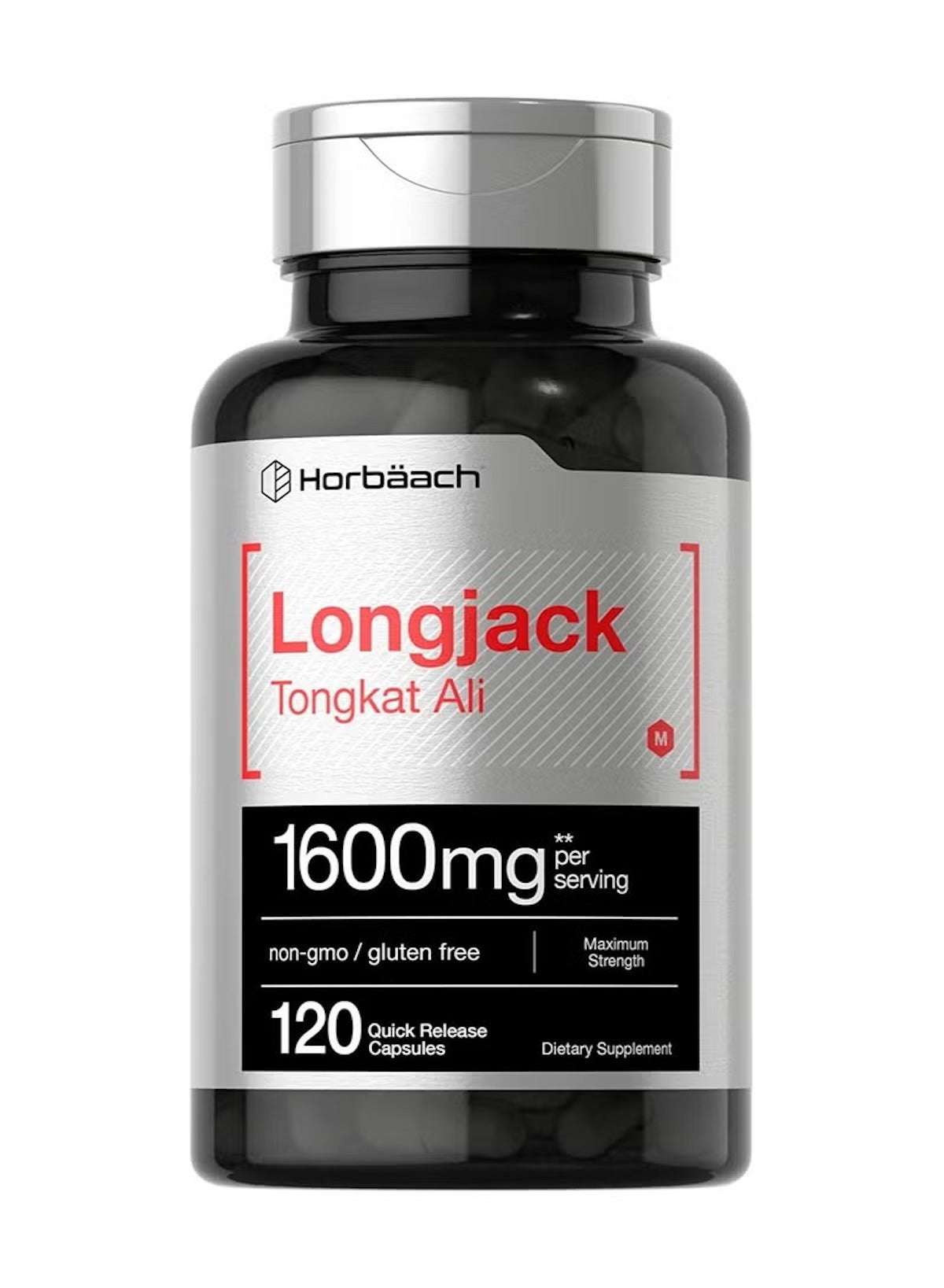 Horbäach Longjack Tongkat Ali capsules 1600mg in a black bottle with 120 quick release capsules