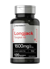 Longjack Tongkat Ali dietary supplement bottle, 1600mg, 120 capsules