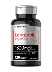 Horbäach Longjack Tongkat Ali capsules 1600mg in a black bottle with 120 quick release capsules