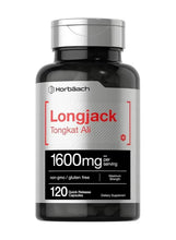 Supplement bottle with Longjack, 1600mg per serving, 120 capsules, black and silver.