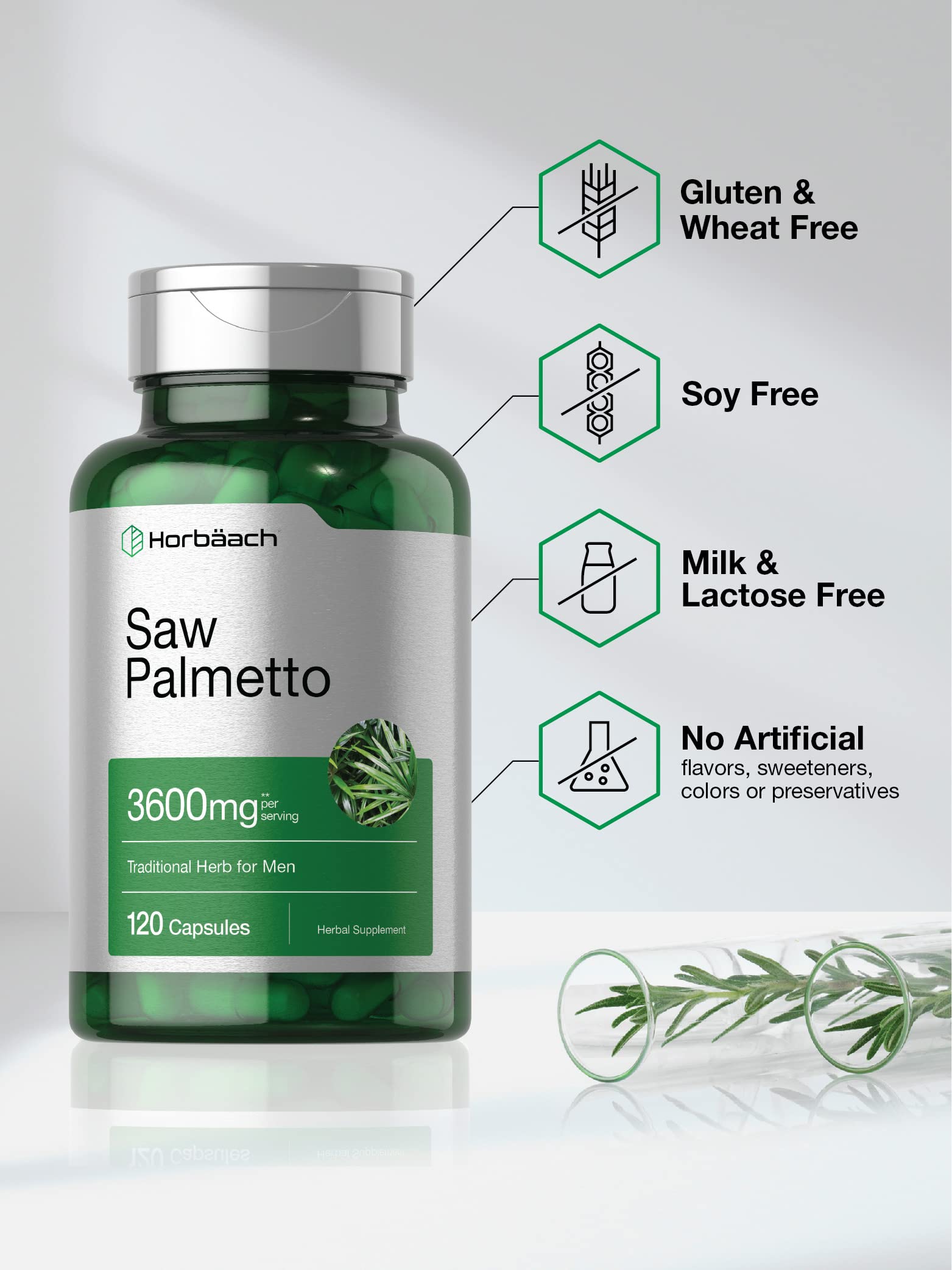 Green bottle of saw palmetto extract supplement 3600mg 120 capsules gluten free soy free