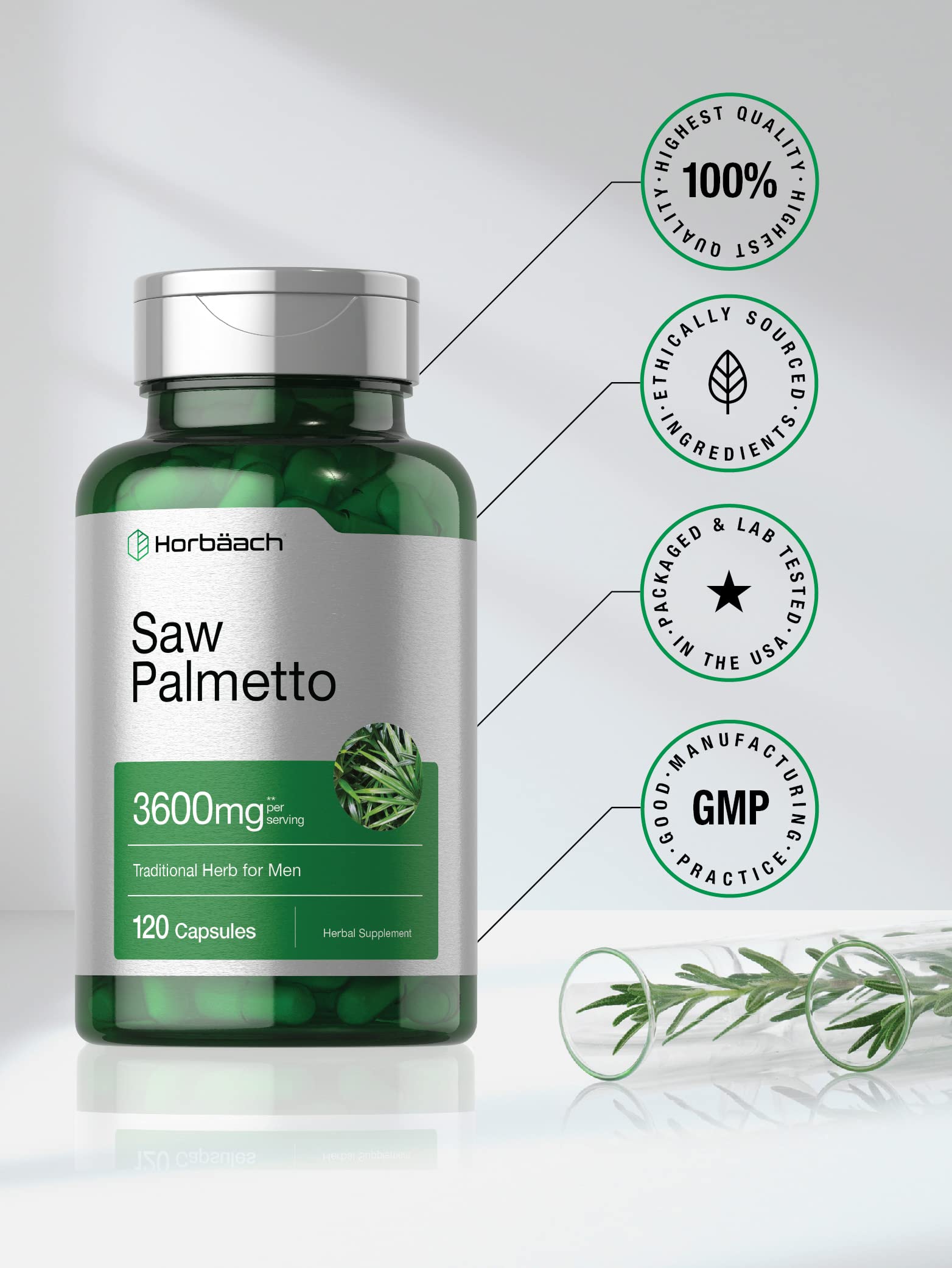 saw palmetto extract supplement bottle 3600mg 120 capsules green label with herb leaves and quality badges