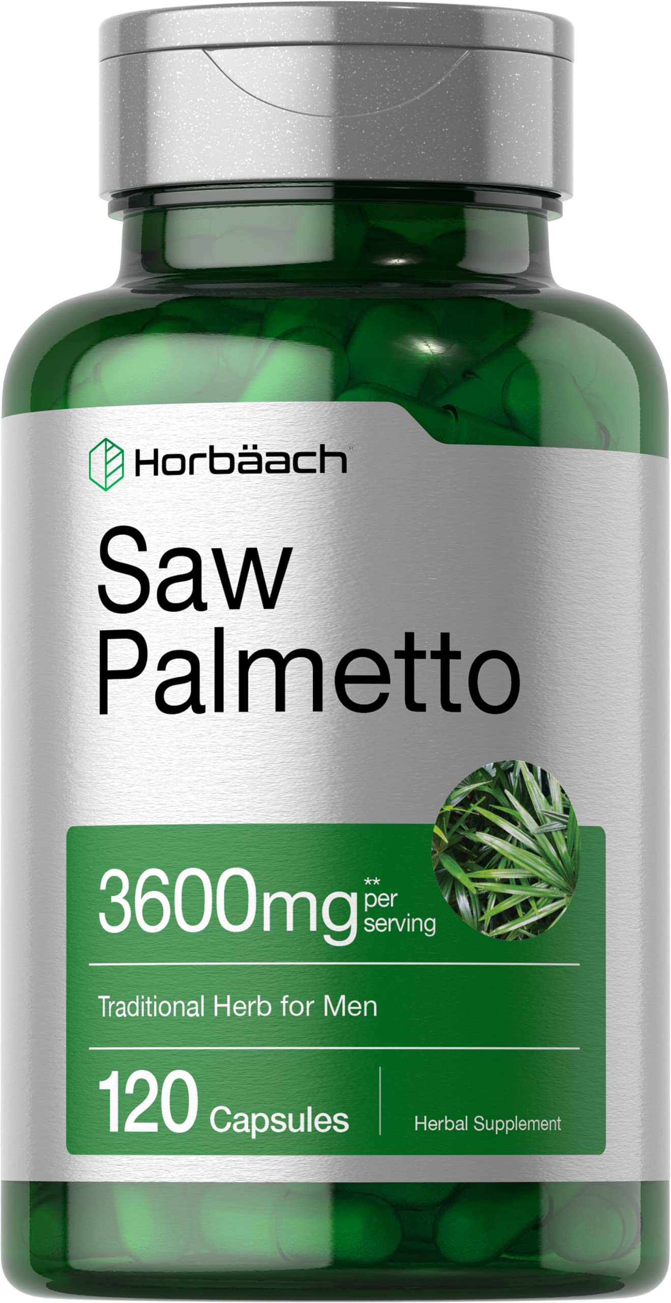 saw palmetto extract supplement bottle 3600mg per serving 120 capsules traditional herb for men