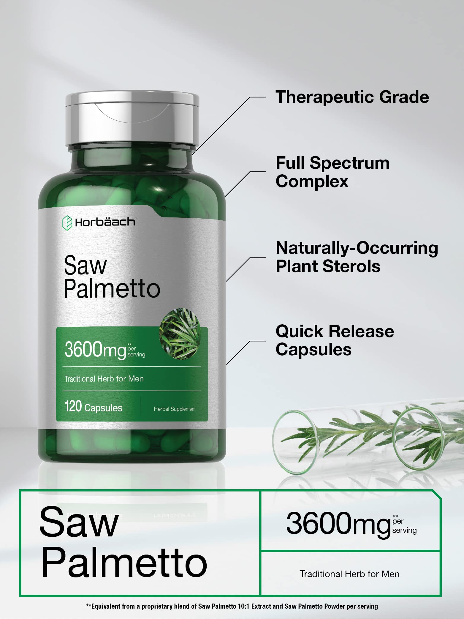 Green bottle of Saw Palmetto 3600mg 120 capsules saw palmetto extract supplement full spectrum therapeutic grade