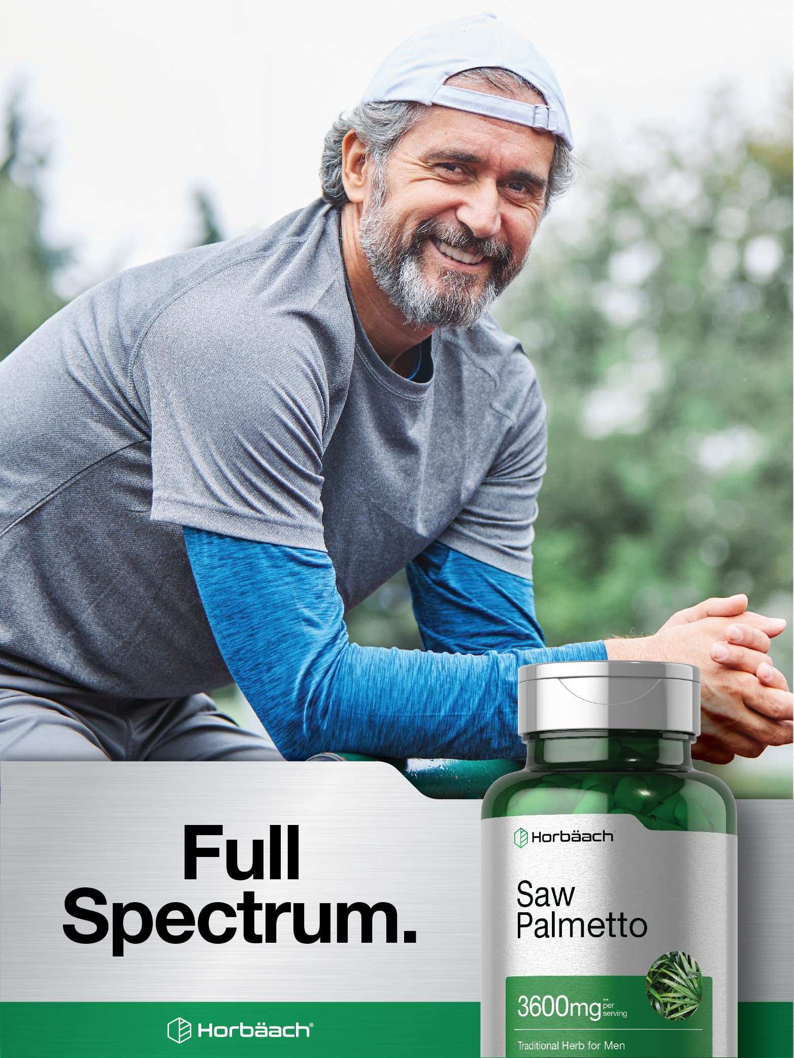Bottle of saw palmetto extract supplement 3600mg with smiling active middle aged man outdoors