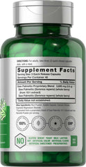 Green bottle of saw palmetto extract supplement with white label showing supplement facts and capsules