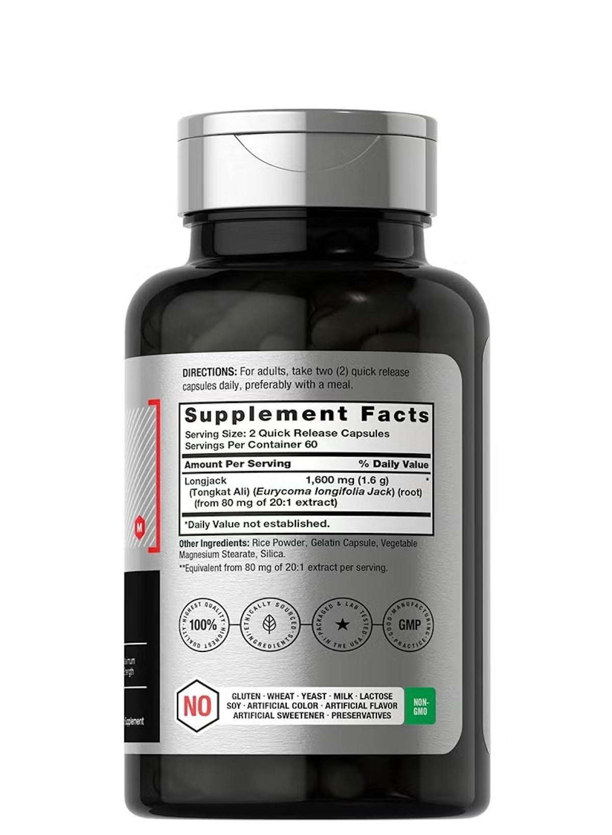 Herbal Supplements Longjack Tongkat Ali 1600mg capsules in a black bottle with detailed supplement facts