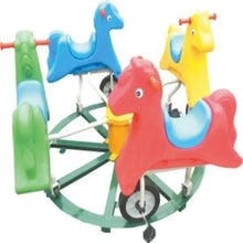 Colorful rocking horse merry-go-round garden playset with four horses and metal wheel
