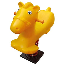 Side-facing yellow horse spring ride-on bouncer with black base and red spring