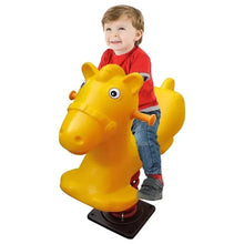Front-facing yellow horse spring ride-on bouncer with black base and red spring