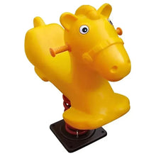 Yellow horse spring ride-on bouncer with black base and red spring