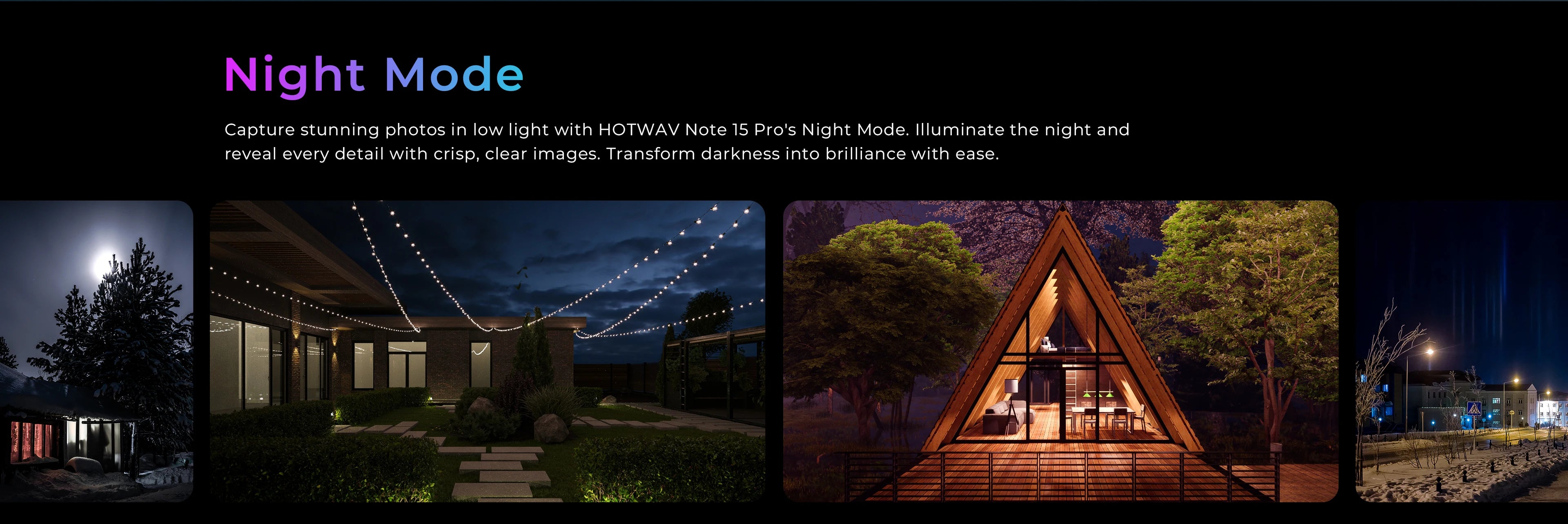 HOTWAV Note 15 Pro Android 14 smartphone night mode collage of low light photos of patio string lights A frame cabin and city