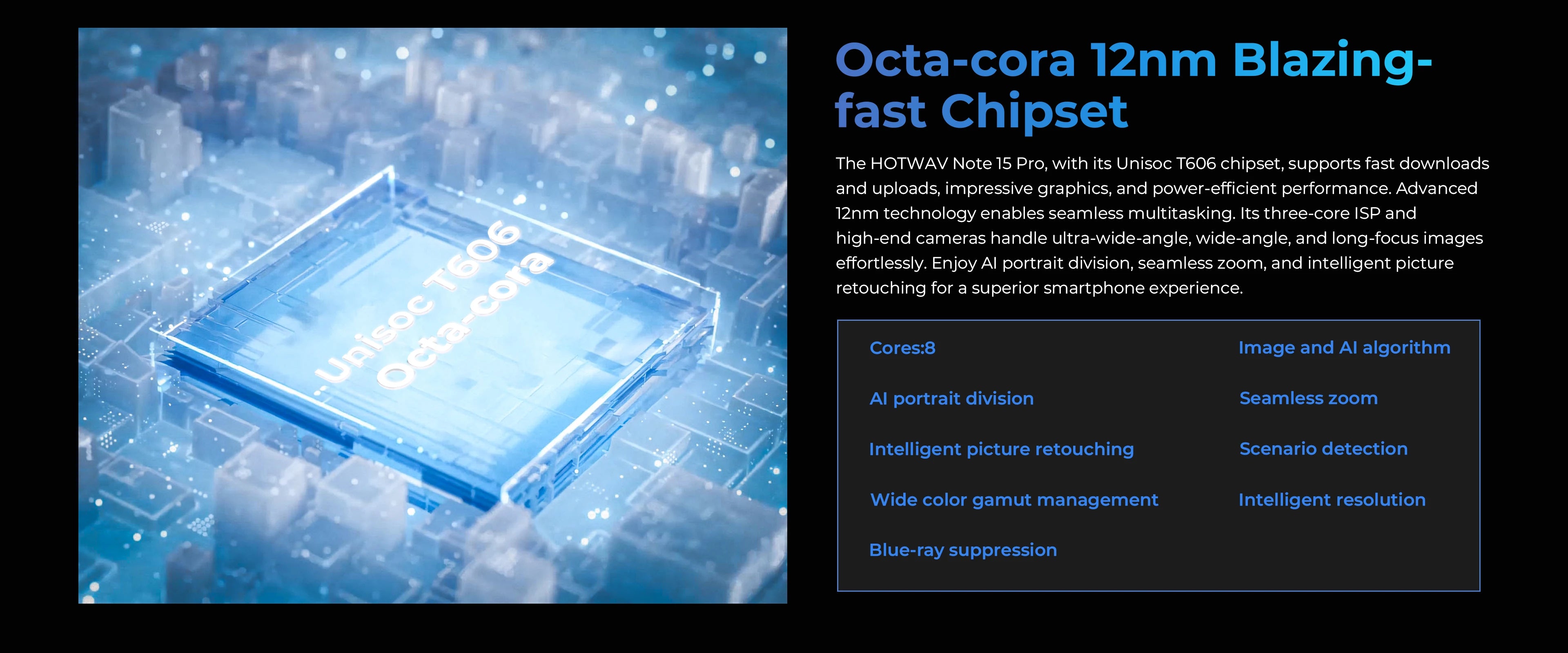 HOTWAV Note 15 Pro Android 14 smartphone closeup of octa core 12nm chipset concept with tech feature text