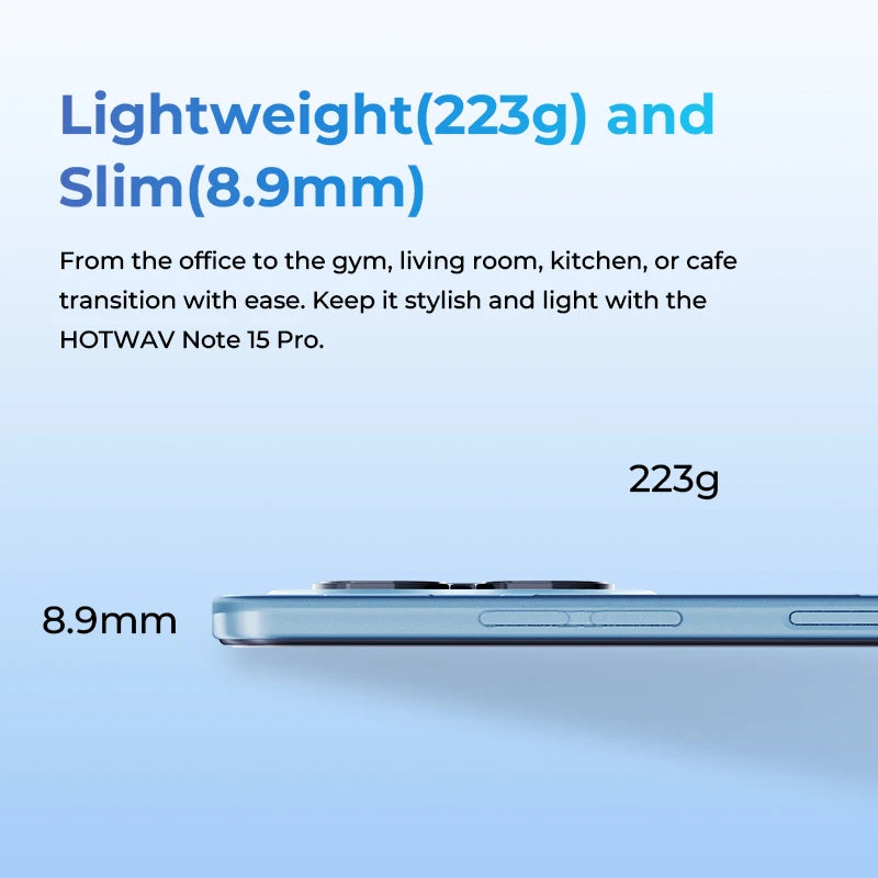 HOTWAV Note 15 Pro Android 14 smartphone side profile in blue showing slim 8.9mm thickness and lightweight 223g
