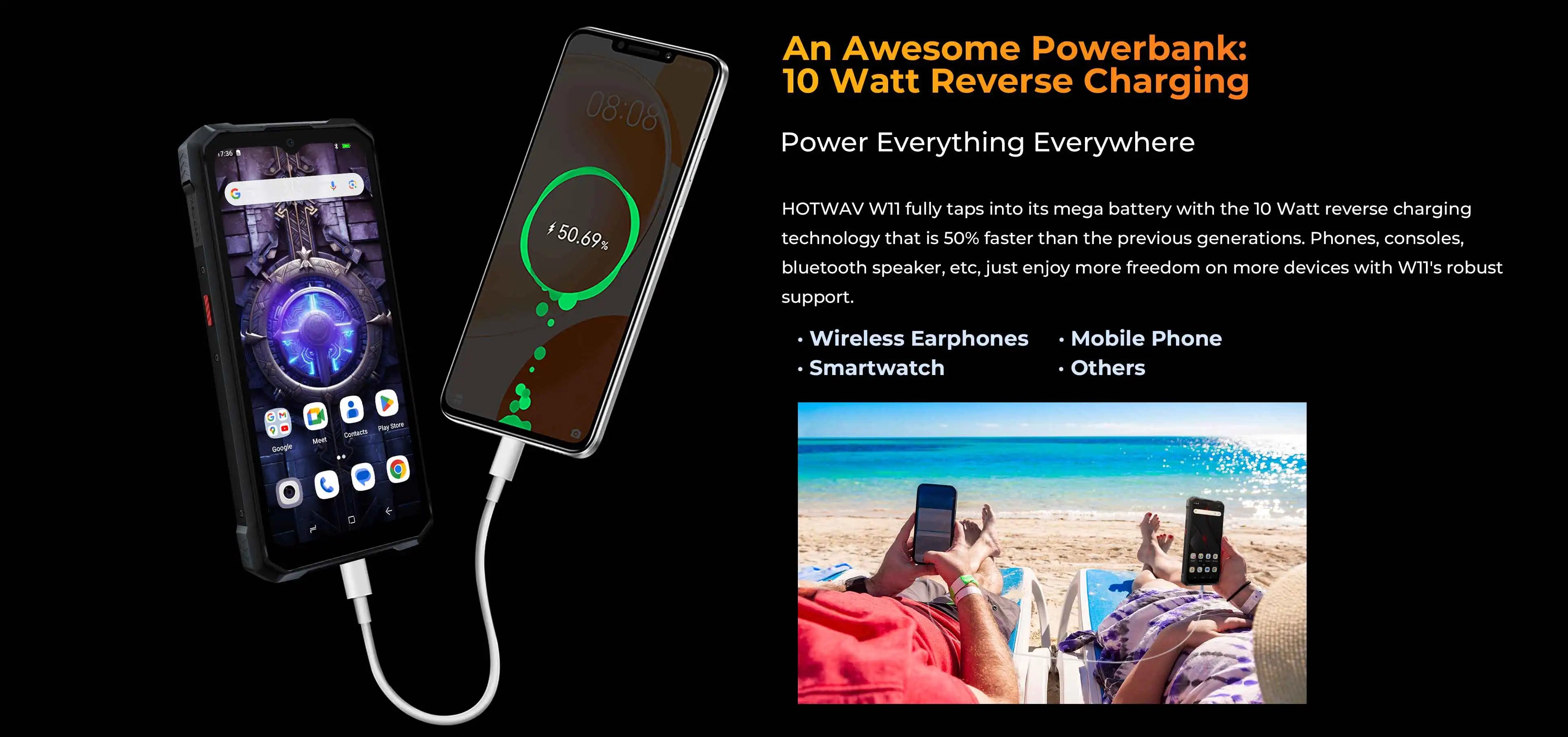 HOTWAV W11 rugged phone sharing power via USB cable reverse charging another smartphone on beach