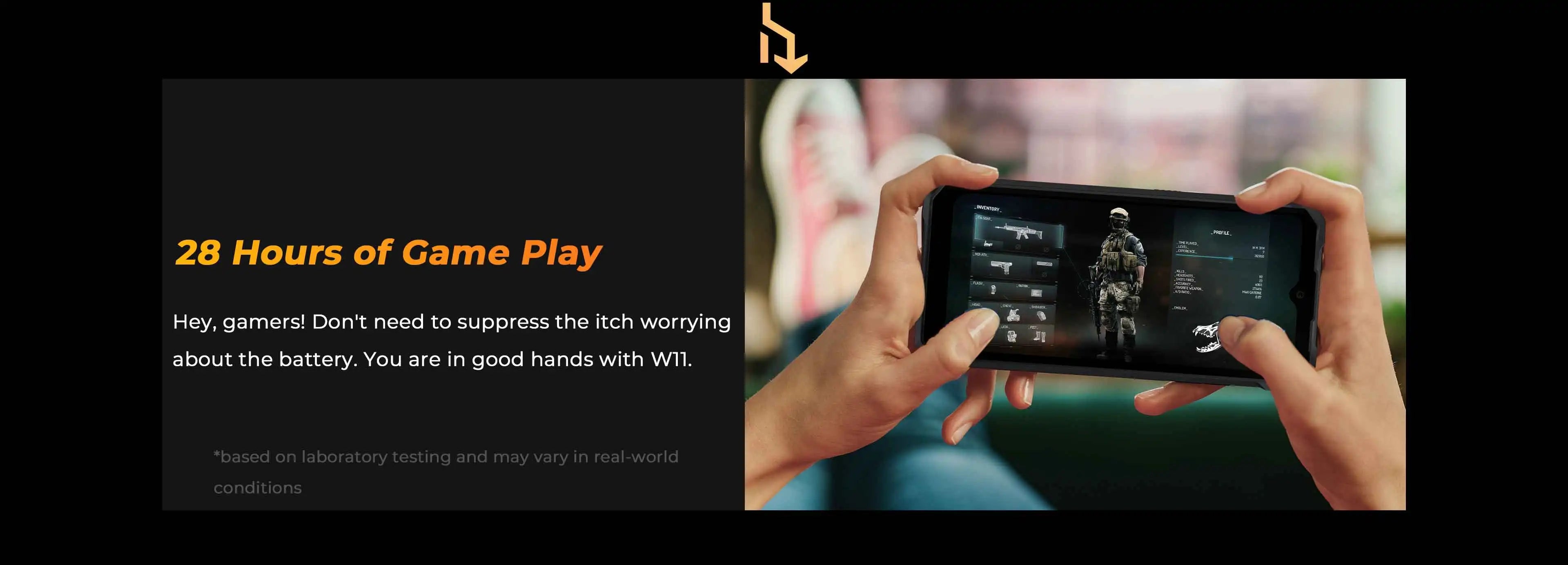 HOTWAV W11 rugged phone held landscape while playing a shooter game marketing text about 28 hours of gameplay
