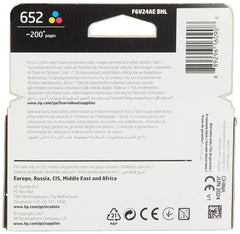 HP 652 tri-color ink cartridge packaging showing product details and compatibility information