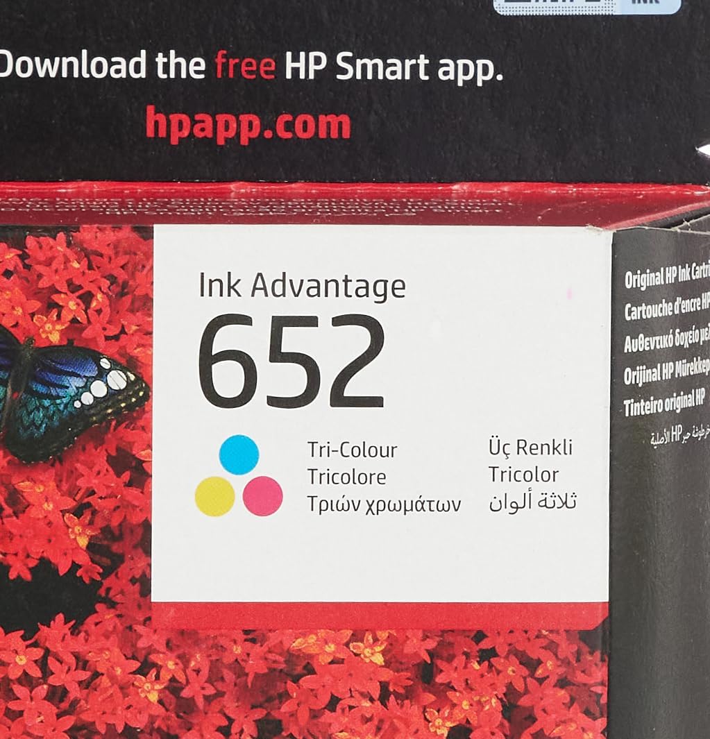 HP 652 tri-color ink cartridge packaging showing tri-colour ink dots and ink advantage label
