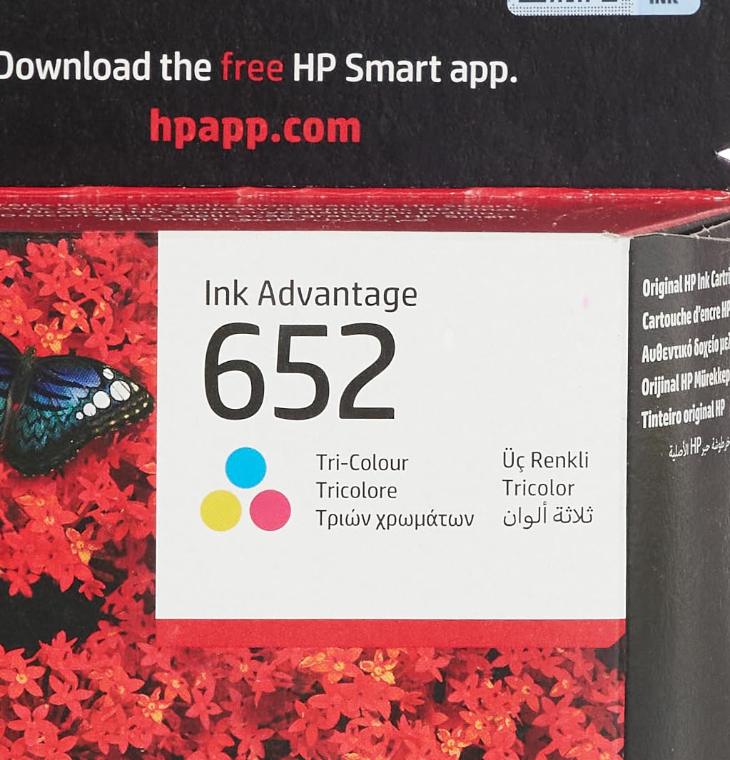 HP 652 tri-color ink cartridge packaging with colorful flower and butterfly design