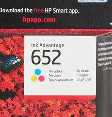 HP 652 tri-color ink cartridge packaging with colorful flower and butterfly design