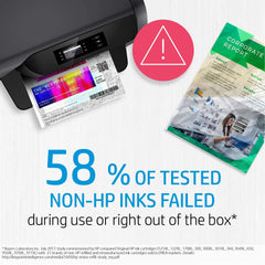 HP 652 tri-color ink cartridge printing a vibrant color document with warning symbol about non-HP ink failure