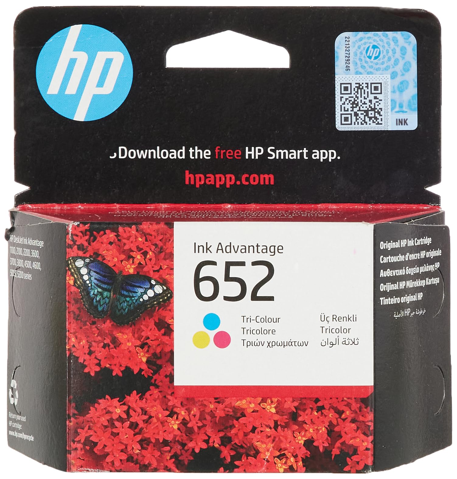 HP 652 tri-color ink cartridge packaging with butterfly and red floral design on box