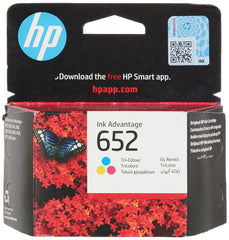 HP 652 tri-color ink cartridge packaging with butterfly and red floral design on box