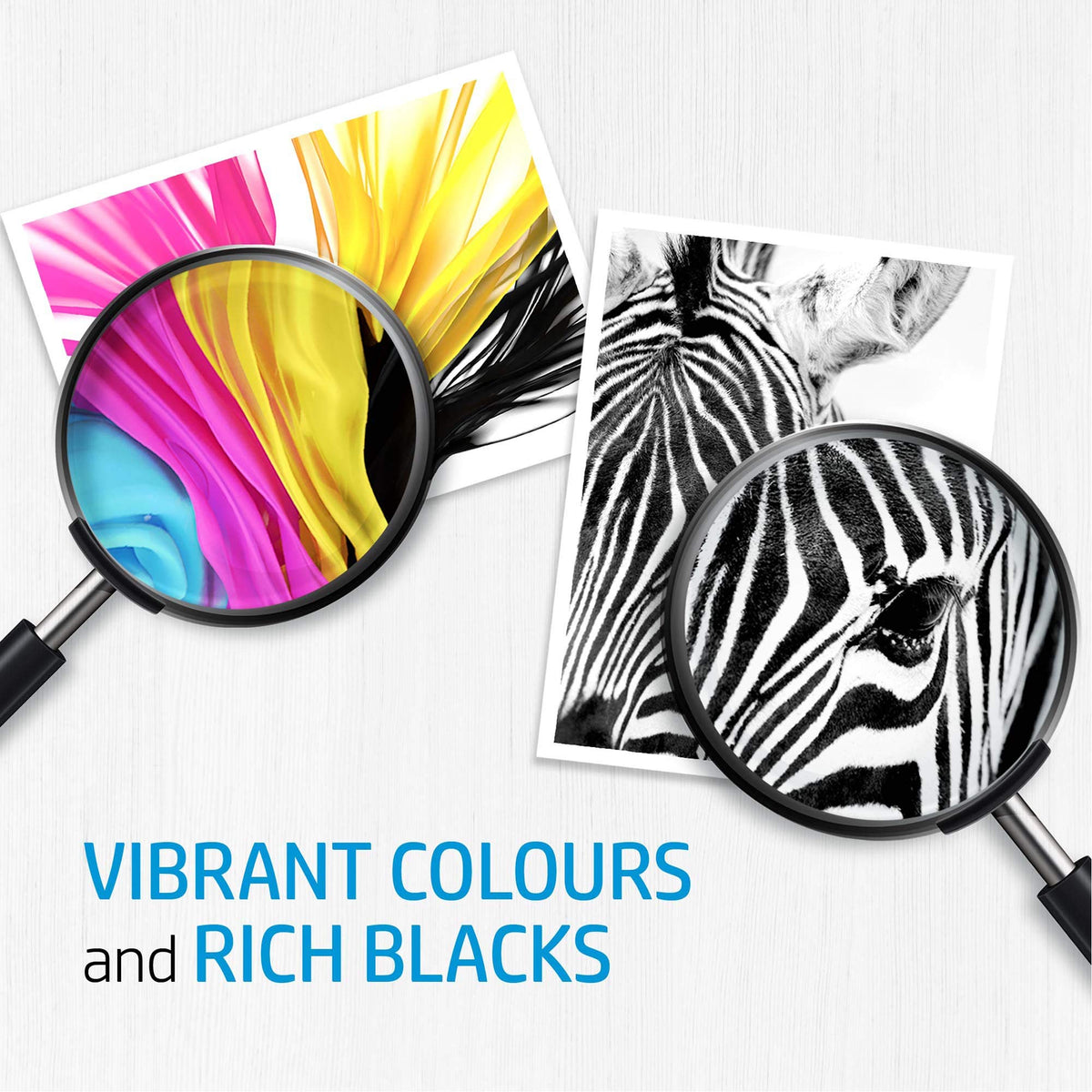 HP 652 tri-color ink cartridge printing vibrant colors and rich blacks with magnifying glasses highlighting print quality