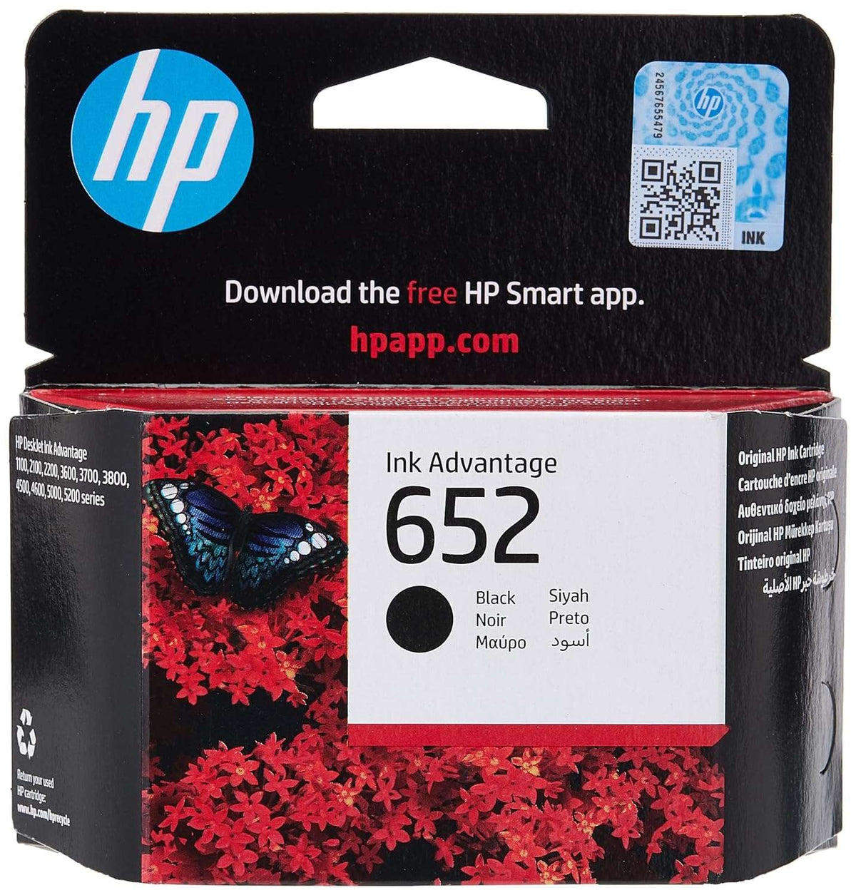 Original HP ink for DeskJet printers black ink cartridge 652 with butterfly and red flowers design
