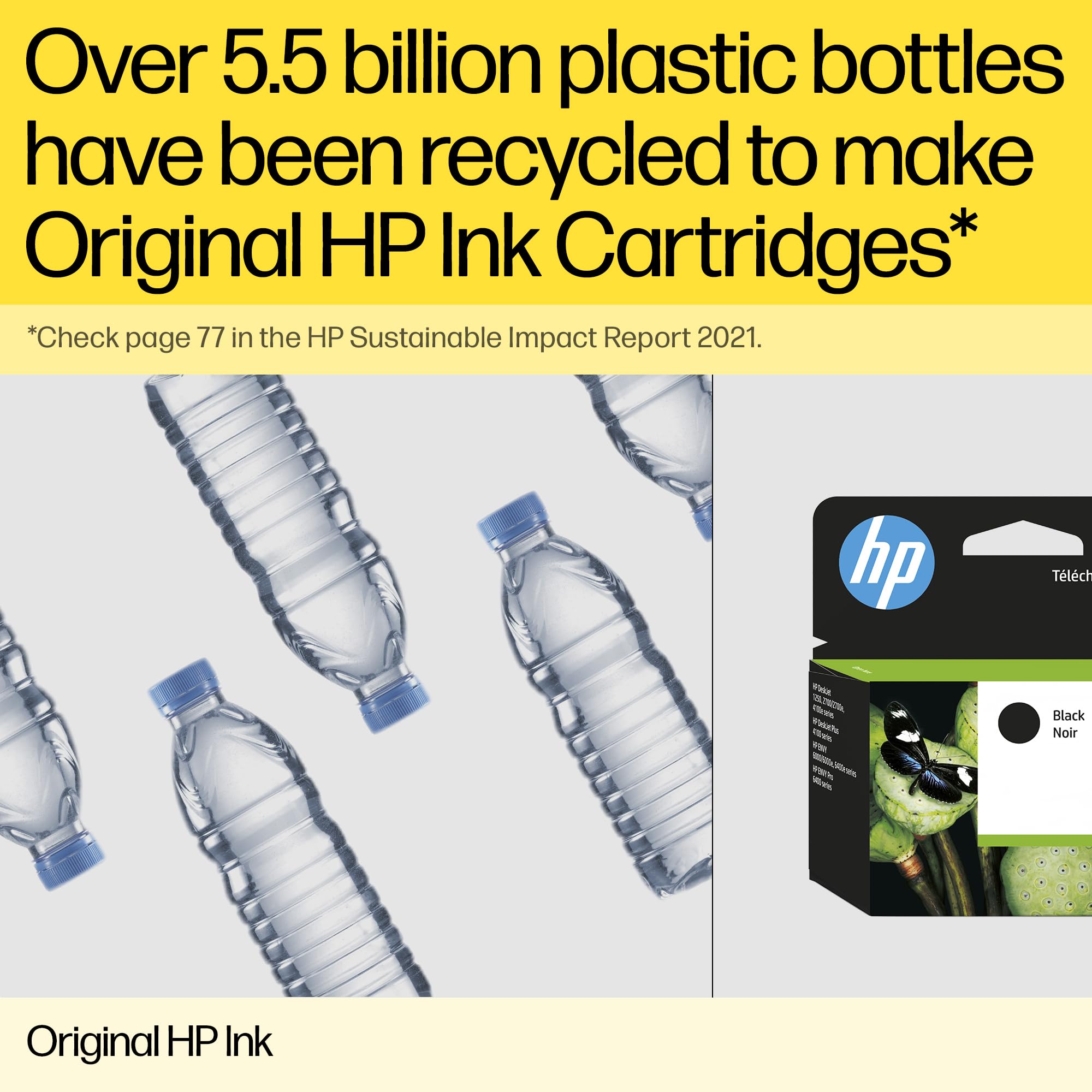 Original HP ink for DeskJet printers made from recycled plastic bottles with HP ink cartridge packaging
