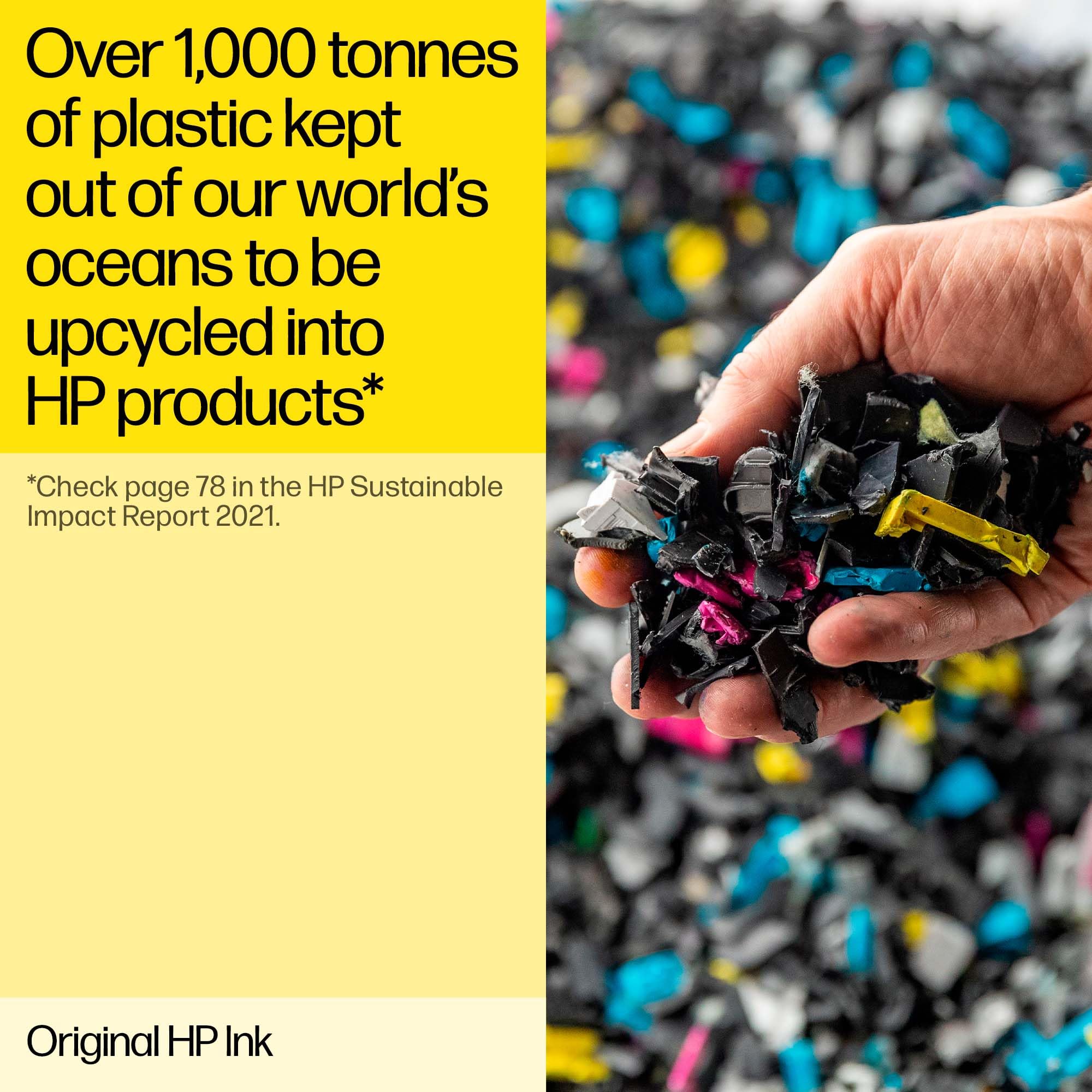 Original HP ink for DeskJet printers highlighting upcycled plastic from oceans used in HP products