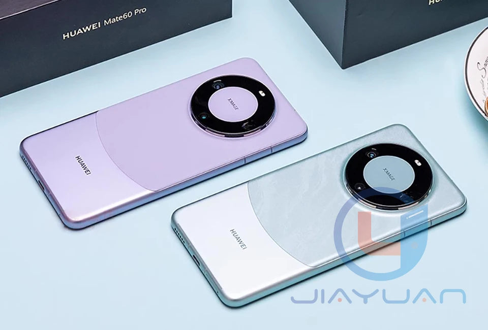 Huawei Mate 60 Pro 5G smartphone UAE two pastel color back views showing circular camera module and retail box