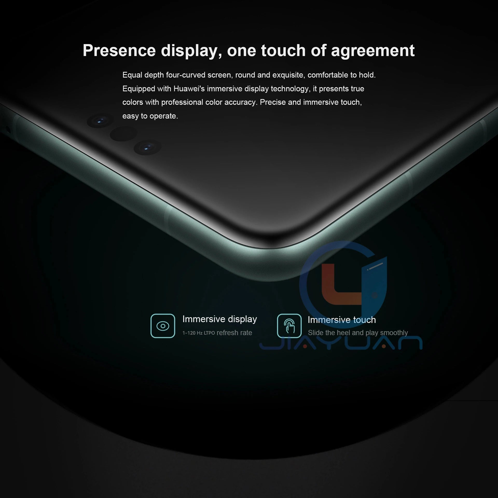 Huawei Mate 60 Pro 5G smartphone UAE close up of green curved edge and rear camera module with immersive display text