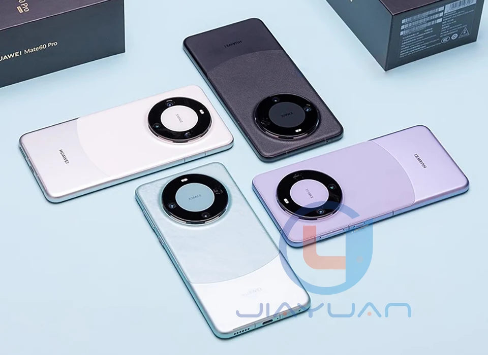 Four Huawei Mate 60 Pro 5G smartphone UAE devices in multiple colors showing circular rear camera and packaging boxes