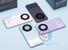 Four Huawei Mate 60 Pro 5G smartphone UAE devices in multiple colors showing circular rear camera and packaging boxes