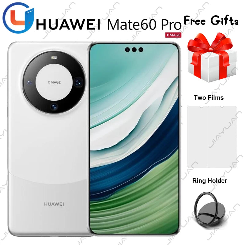 White Huawei Mate60 Pro front and back image showing circular rear camera and accessories Huawei Mate 60 Pro 5G smartphone UAE