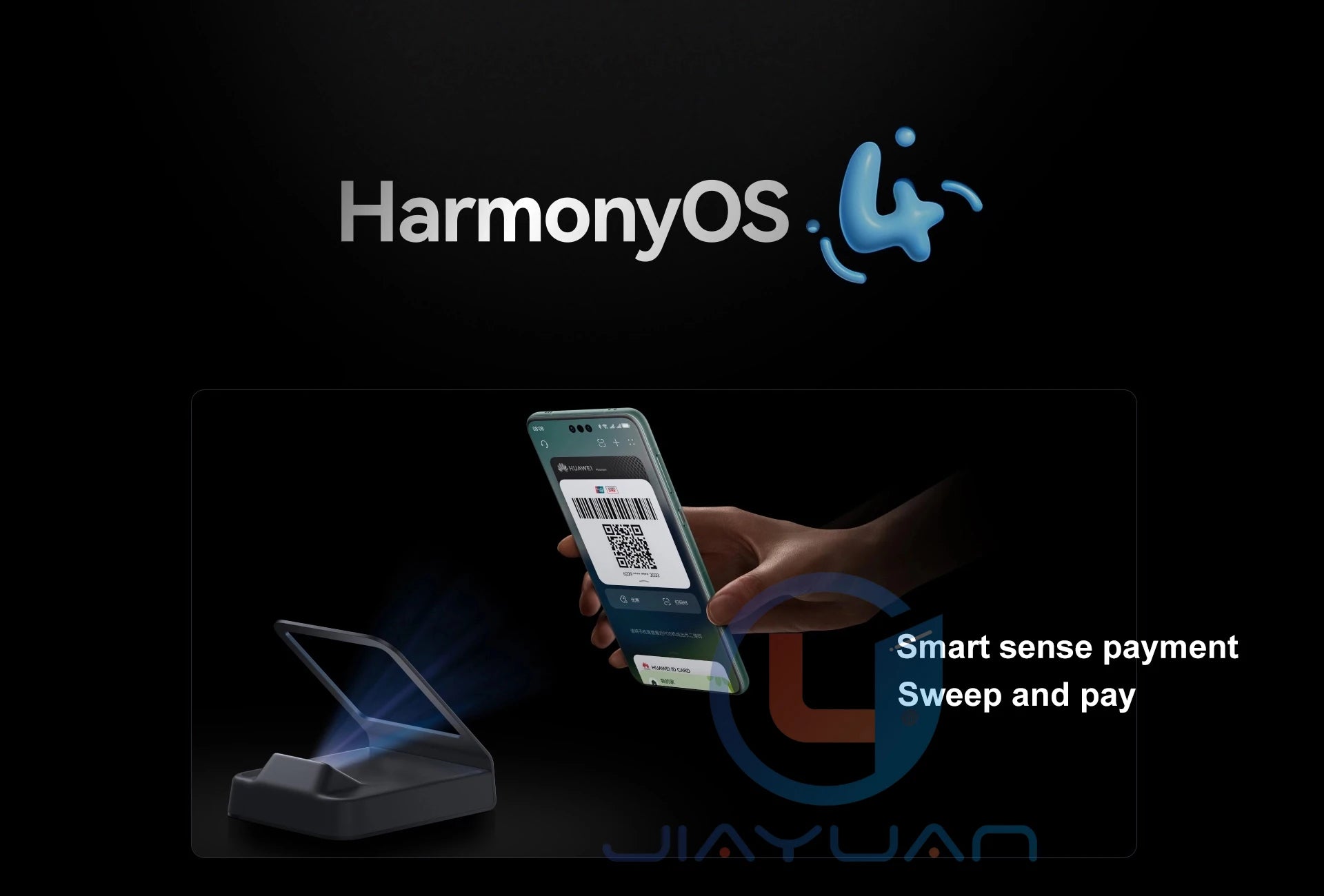 Huawei Mate 60 Pro 5G smartphone UAE showing QR payment on screen with HarmonyOS logo and payment terminal