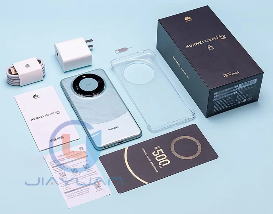 Huawei Mate 60 Pro 5G smartphone UAE unboxed set white phone with circular camera clear case charger and box