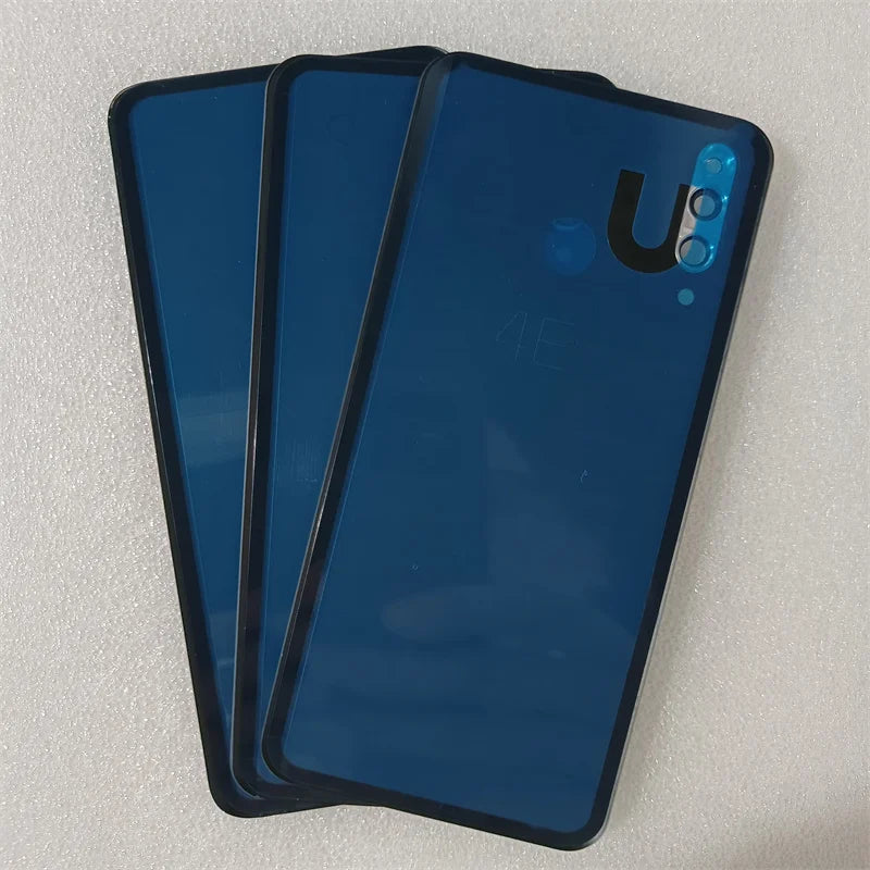Mumzar three blue Huawei P30 Lite back cover replacement panels stacked showing camera and fingerprint cutouts