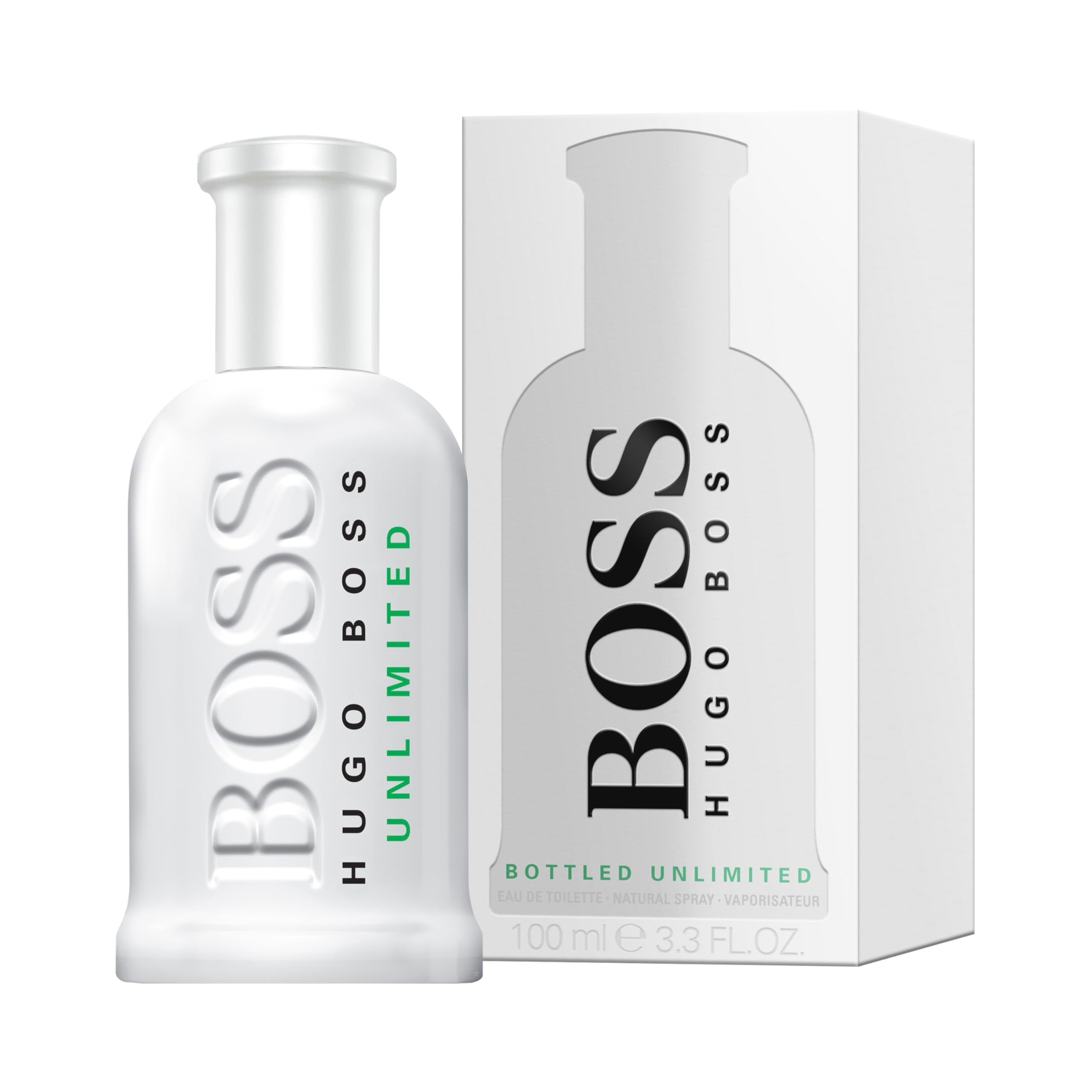 Boss Bottled Unlimited 100ml Hugo Boss perfume bottle with matching white packaging box